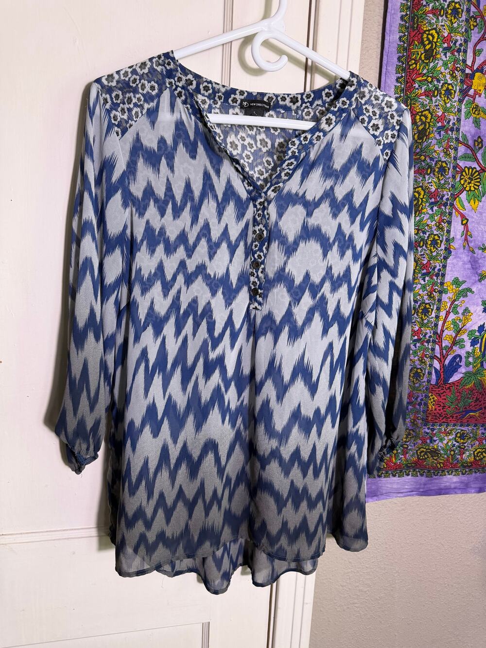 New Directions Blue Ikat Floral Tunic Blouse Large Sheer 3/4 Sleeve Boho